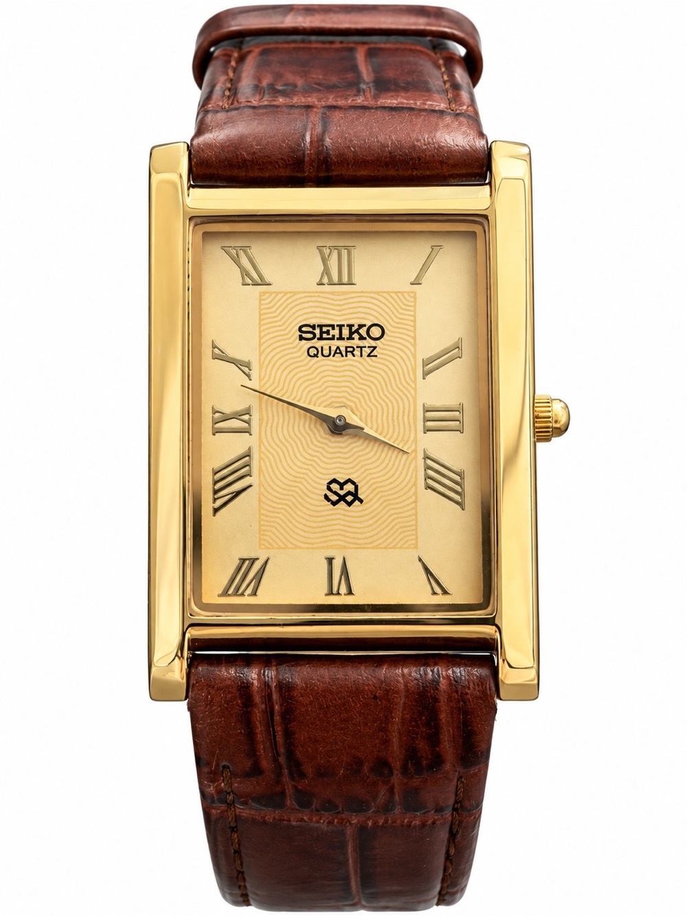 Vintage Seiko Tank watch Gold dial Gold Bezel with Brown Strap